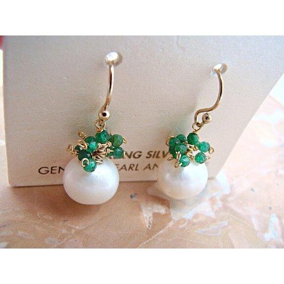 NEW Sterling Silver Genuine Pearl and Green Stone Dangle Earrings Gold Hook NWT - Picture 3 of 11
